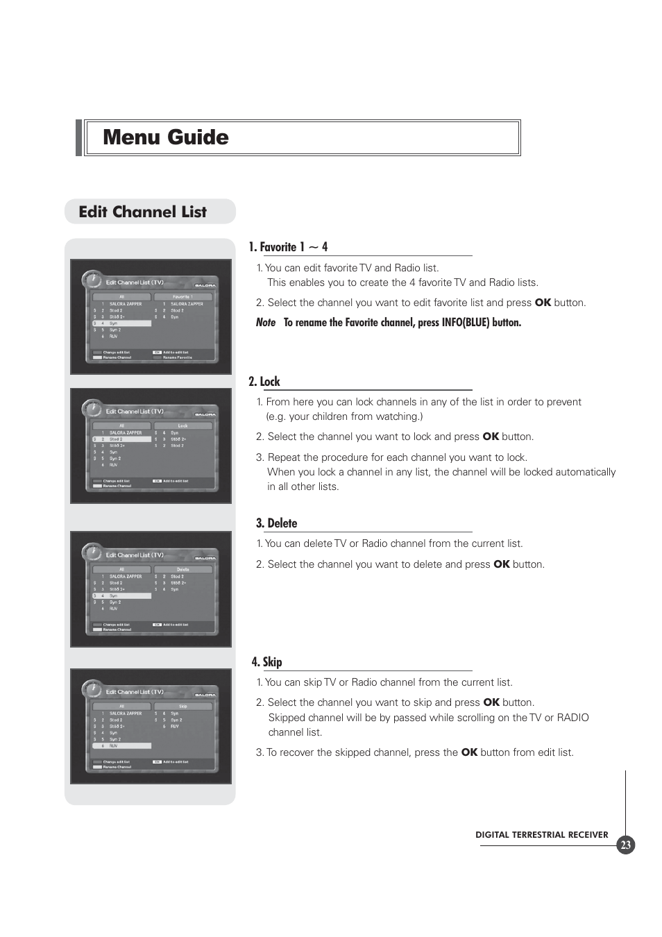 Menu guide, Edit channel list | Triax TR 305 User Manual | Page 23 / 40