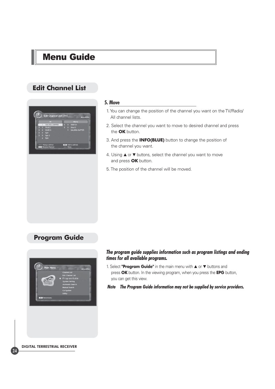 Menu guide, Edit channel list program guide | Triax TR 305 User Manual | Page 24 / 40