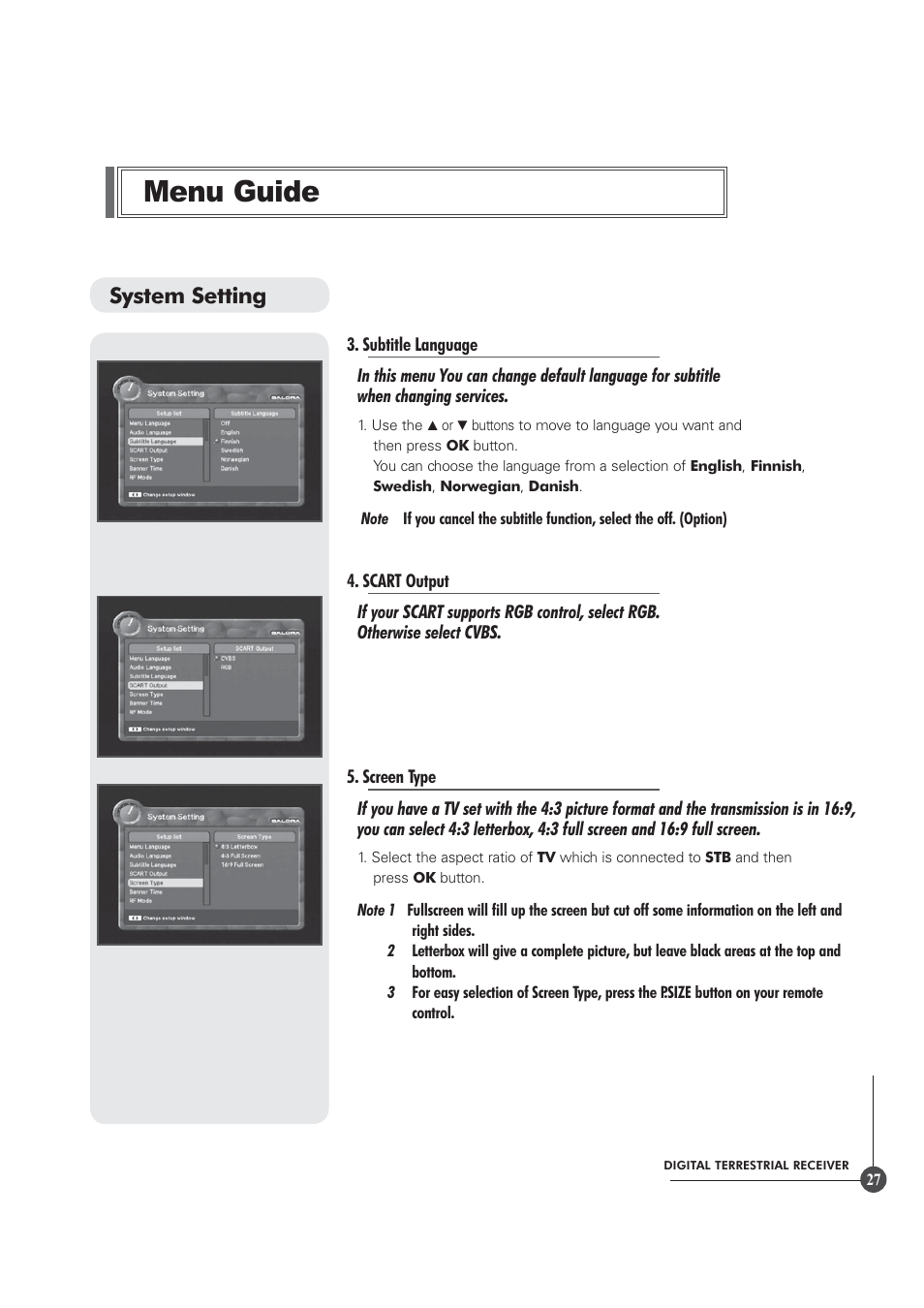Menu guide, System setting | Triax TR 305 User Manual | Page 27 / 40
