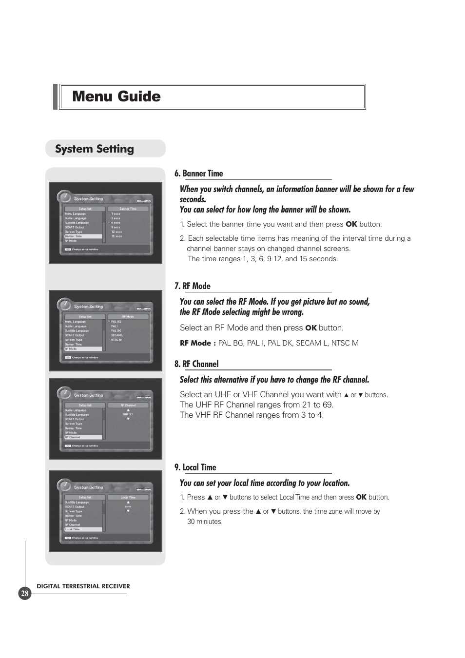 Menu guide, System setting | Triax TR 305 User Manual | Page 28 / 40