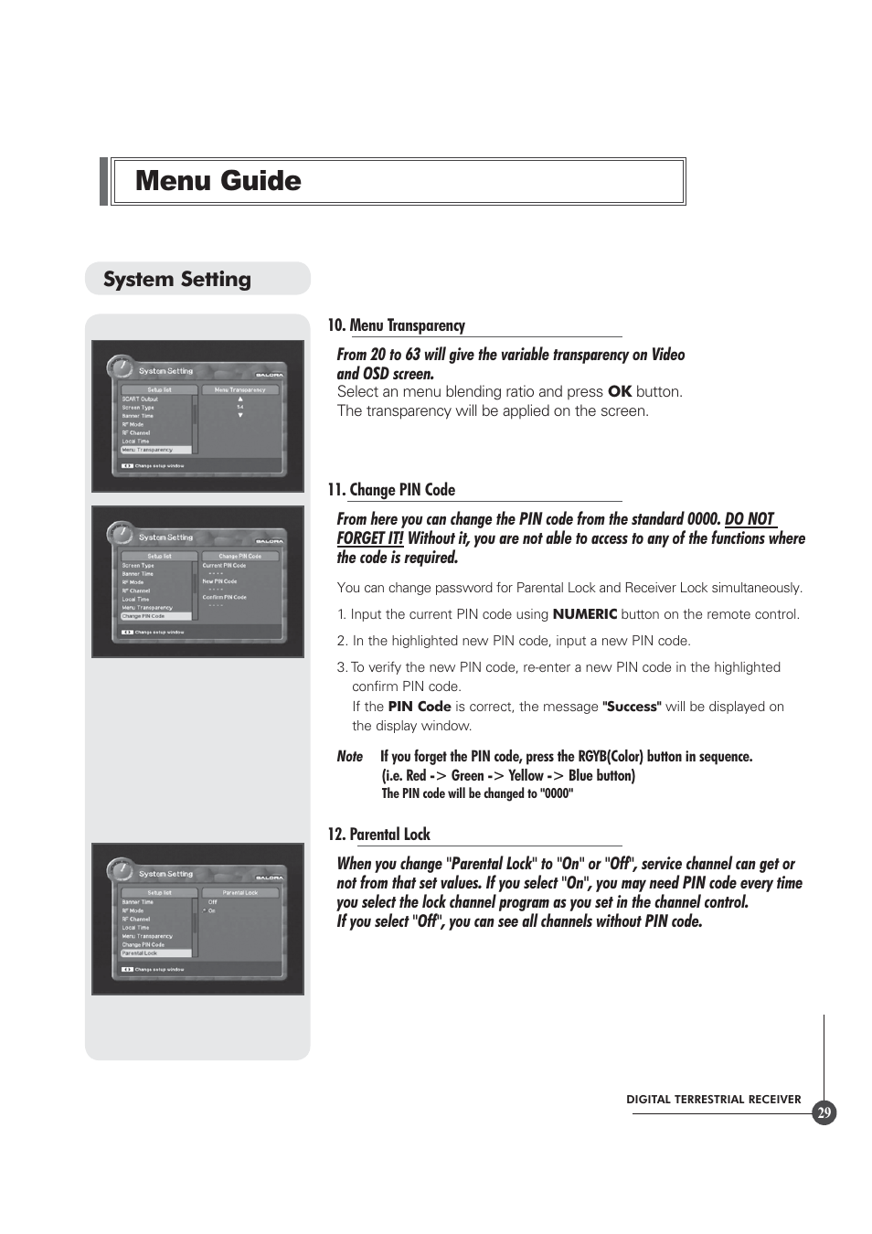 Menu guide, System setting | Triax TR 305 User Manual | Page 29 / 40