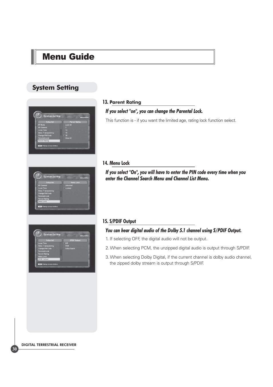 Menu guide, System setting | Triax TR 305 User Manual | Page 30 / 40