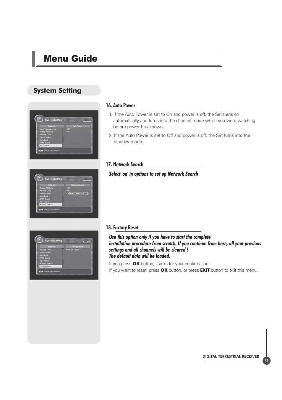 Menu guide, System setting | Triax TR 305 User Manual | Page 31 / 40
