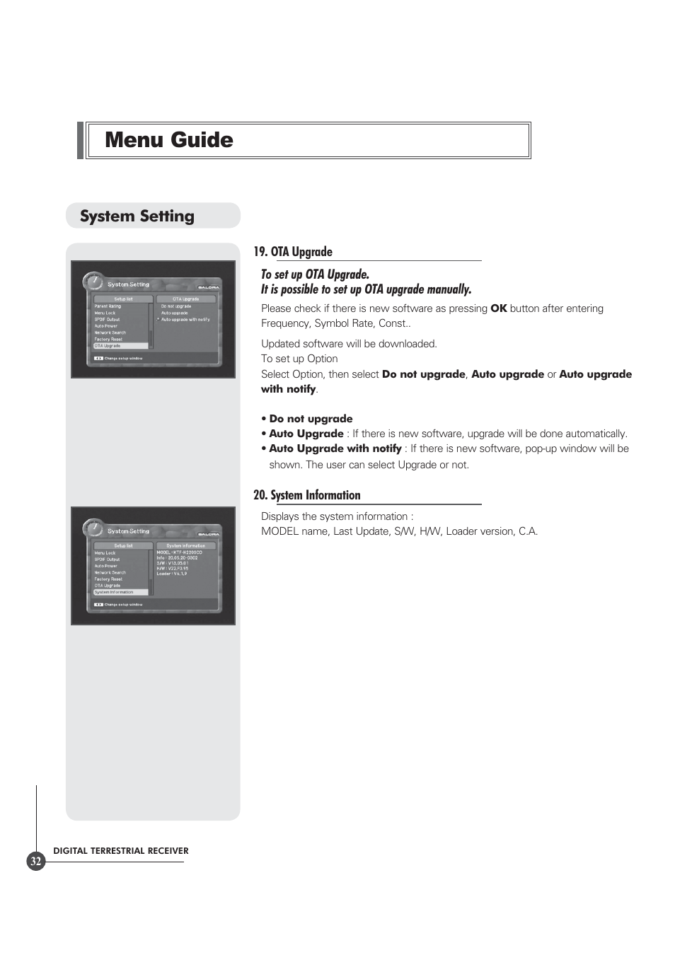 Menu guide, System setting | Triax TR 305 User Manual | Page 32 / 40