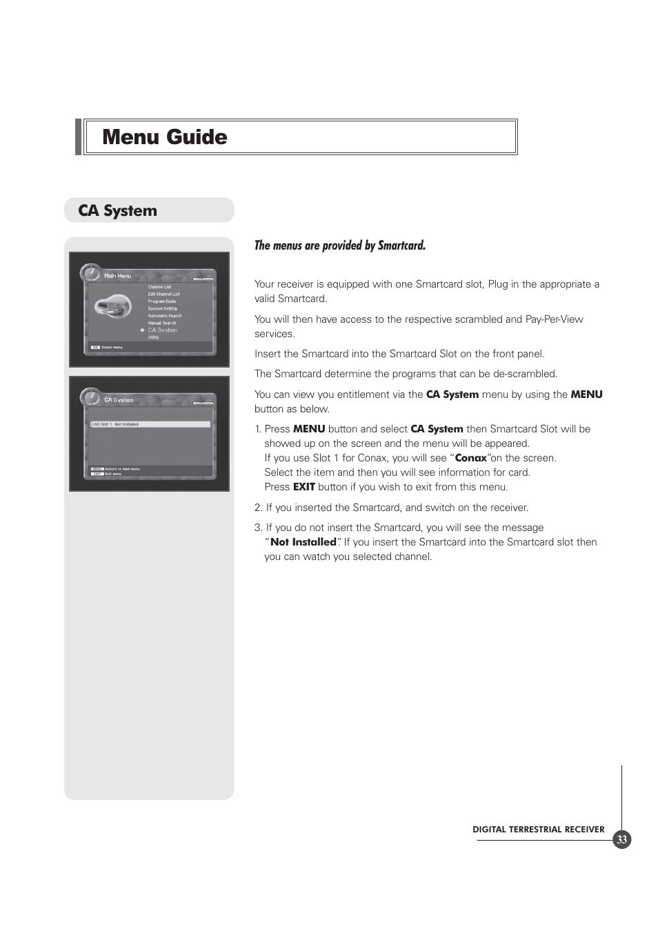 Menu guide, Ca system | Triax TR 305 User Manual | Page 33 / 40