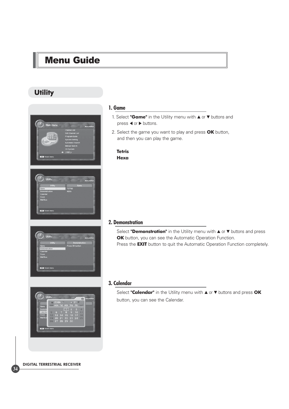 Menu guide, Utility, Game | Demonstration, Calendar | Triax TR 305 User Manual | Page 34 / 40
