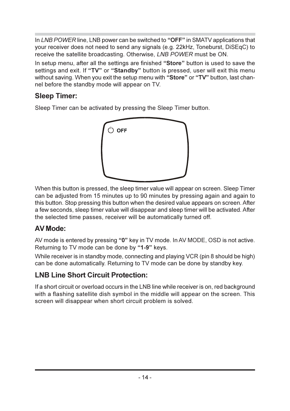 Sleep timer, Av mode, Lnb line short circuit protection | Triax SR-26 User Manual | Page 15 / 22