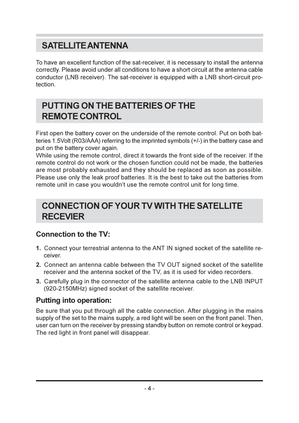 Satellite antenna, Putting on the batteries of the remote control, Connection of your tv with the satellite recevier | Triax SR-26 User Manual | Page 5 / 22