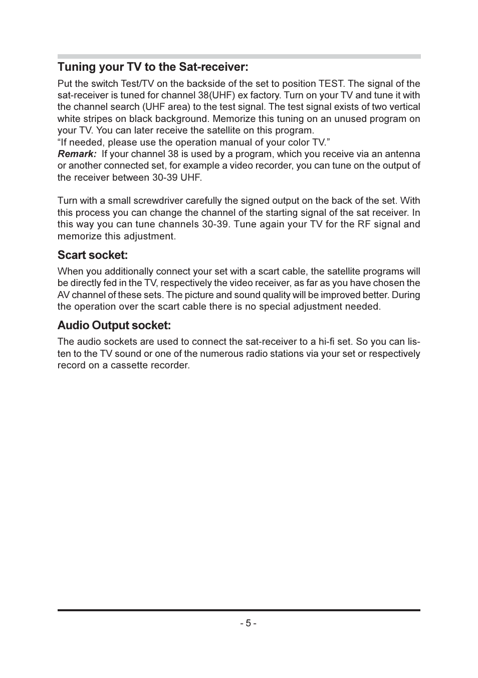 Tuning your tv to the sat-receiver, Scart socket, Audio output socket | Triax SR-26 User Manual | Page 6 / 22