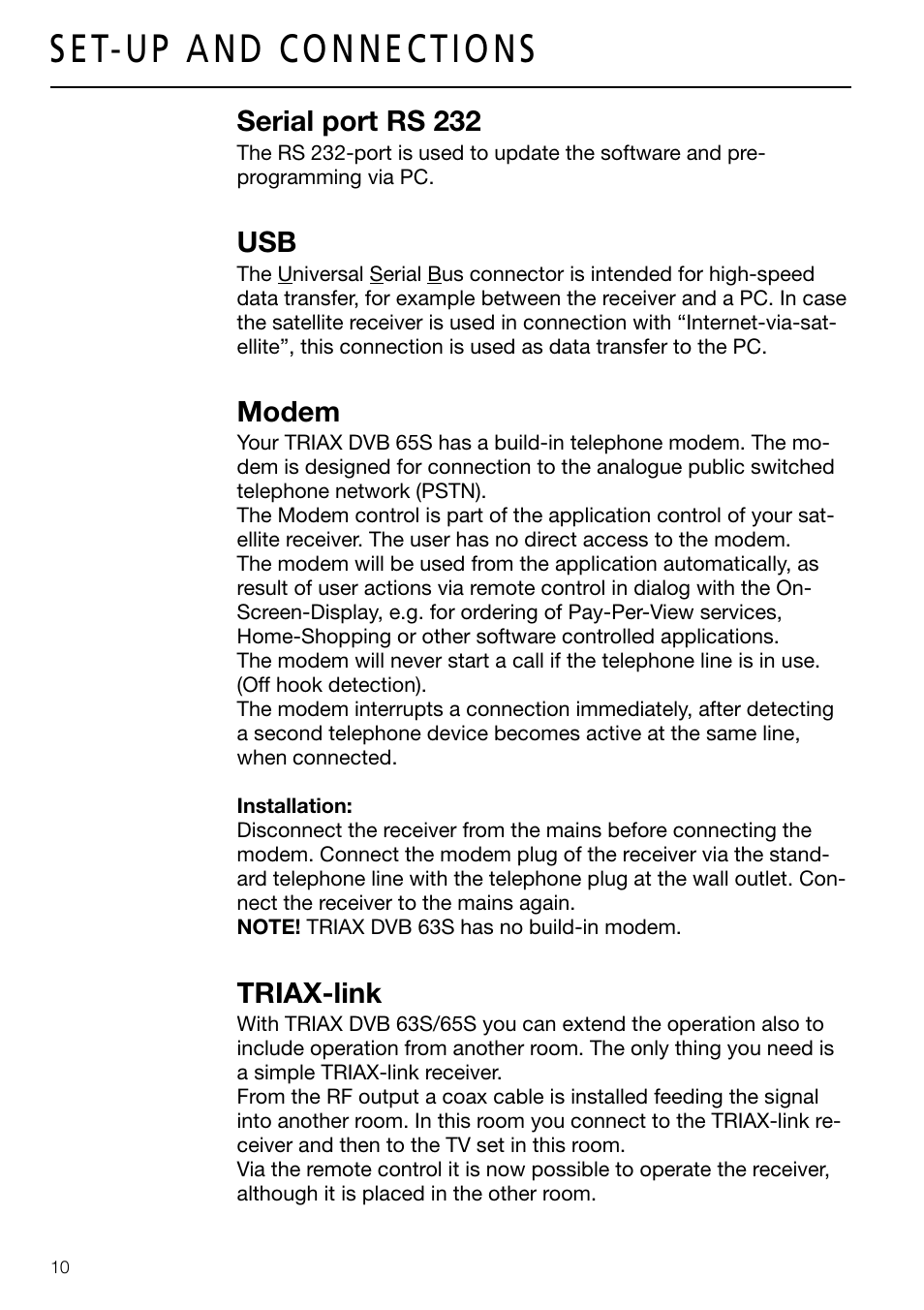 Serial port rs 232, Modem, Triax-link | Triax DVB 63S User Manual | Page 10 / 40