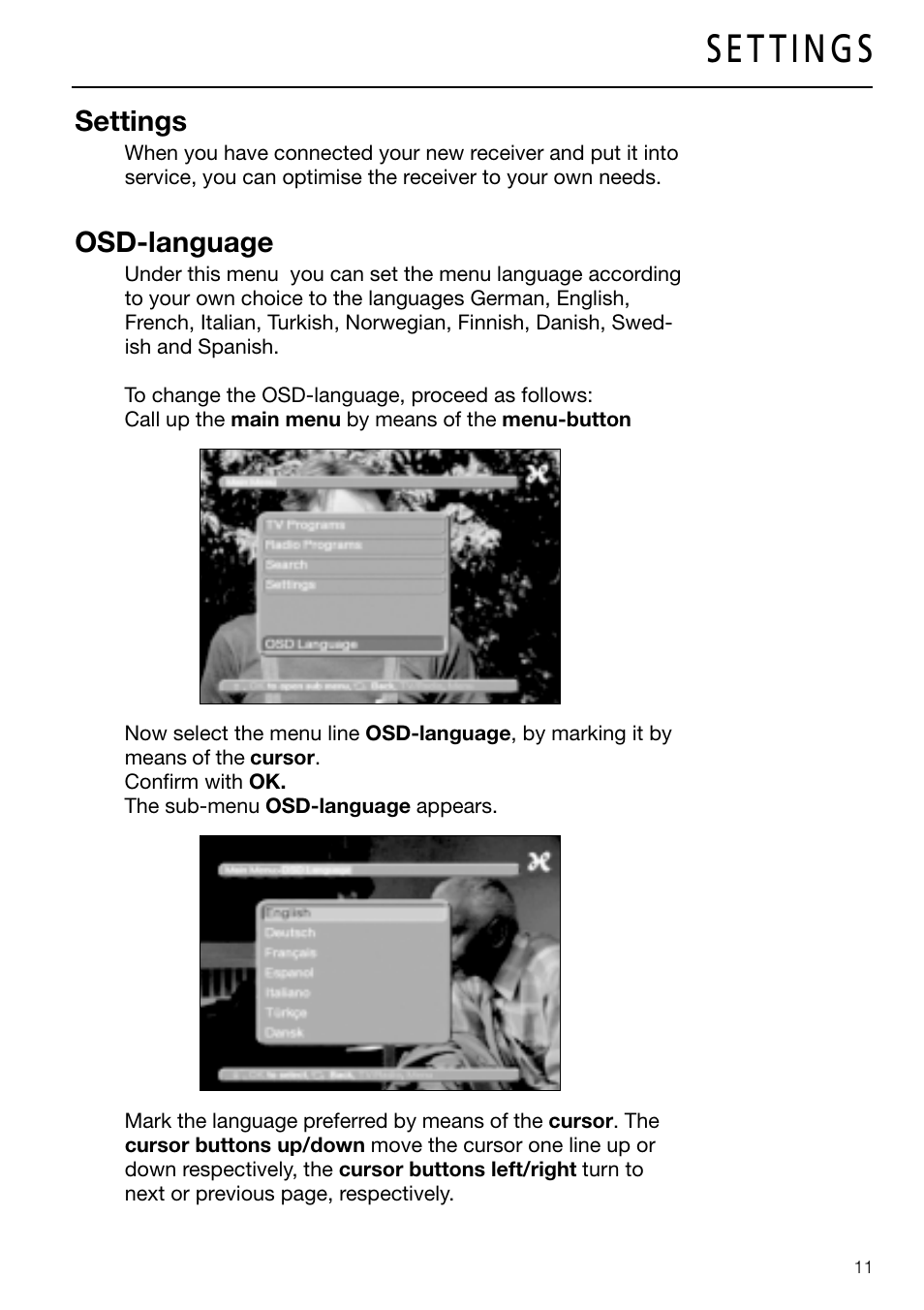 Settings, Osd-language | Triax DVB 63S User Manual | Page 11 / 40