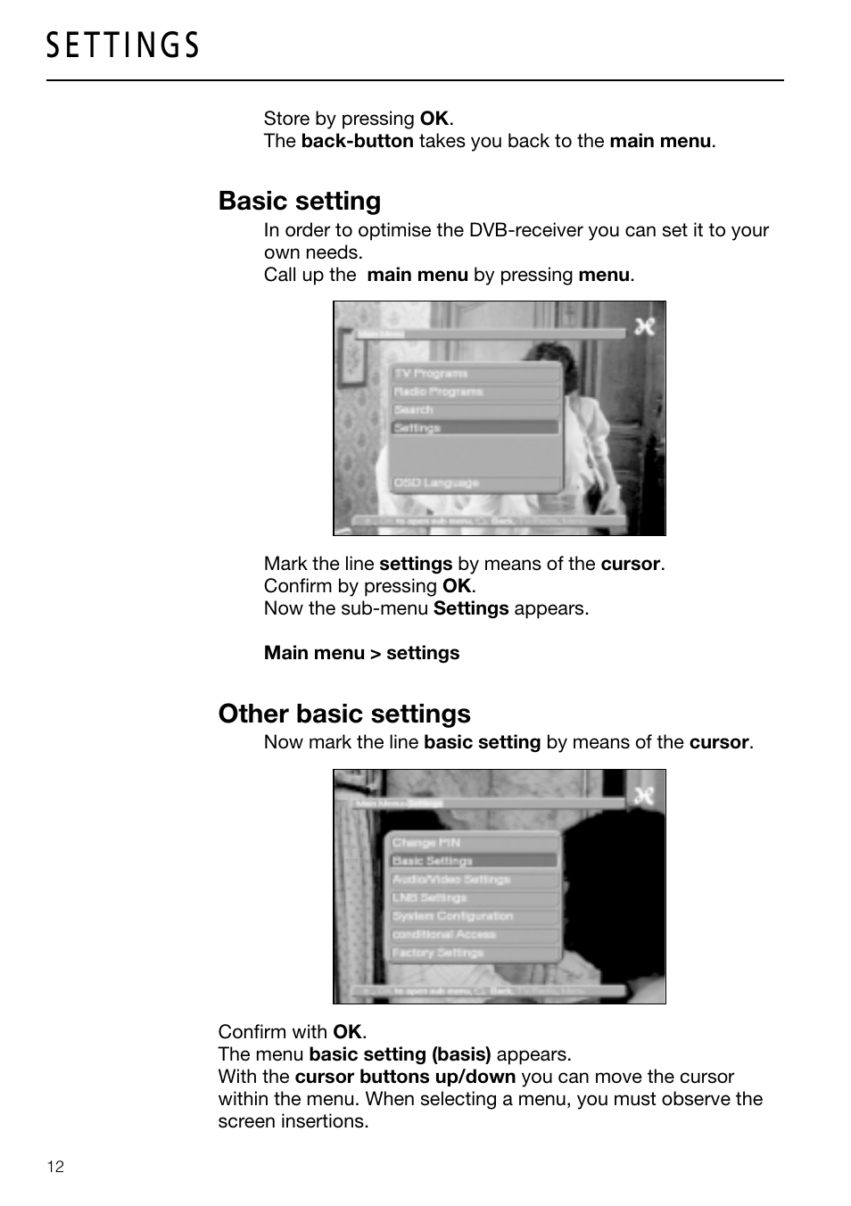 Basic setting, Other basic settings | Triax DVB 63S User Manual | Page 12 / 40