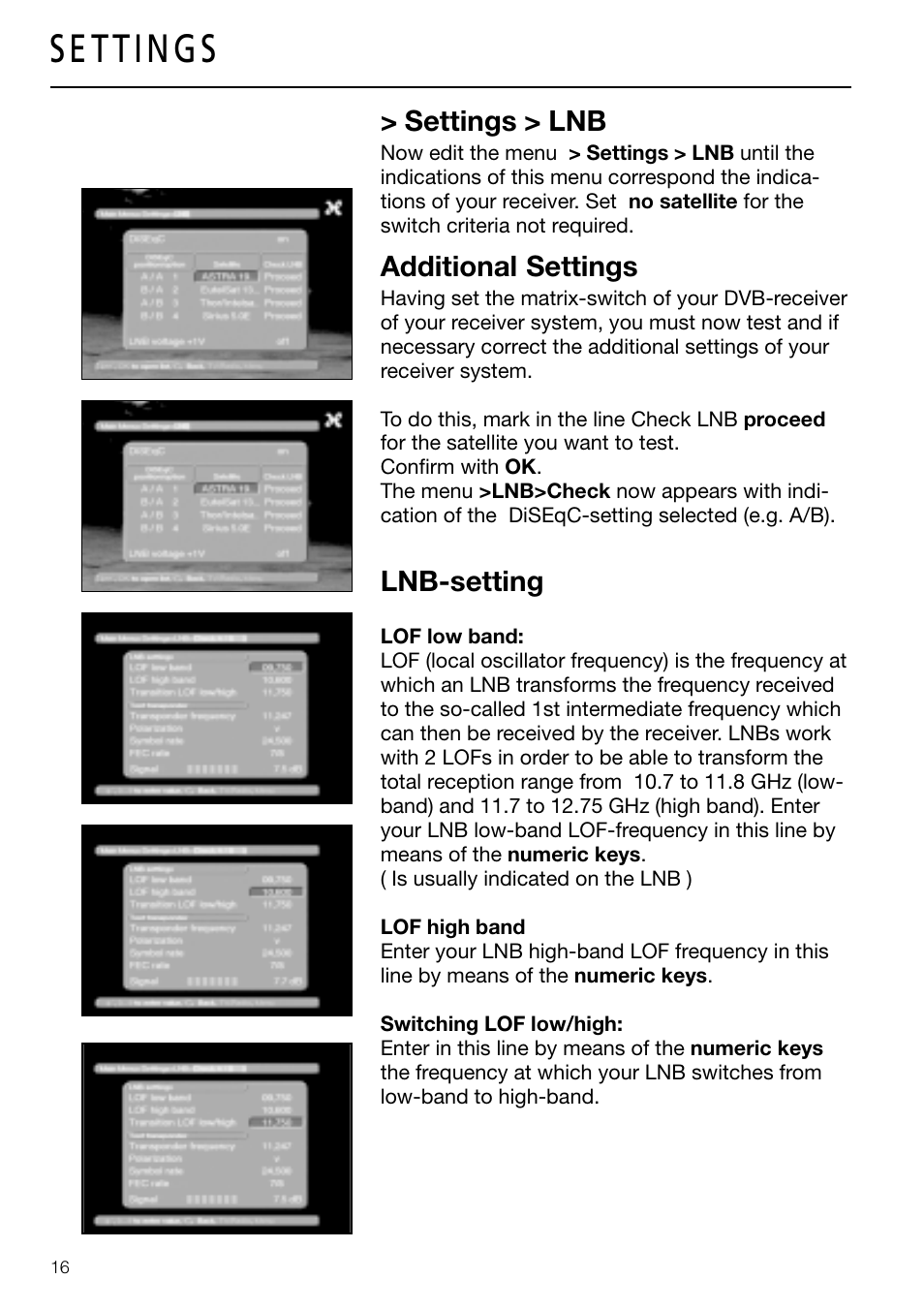 Settings > lnb, Additional settings, Lnb-setting | Triax DVB 63S User Manual | Page 16 / 40