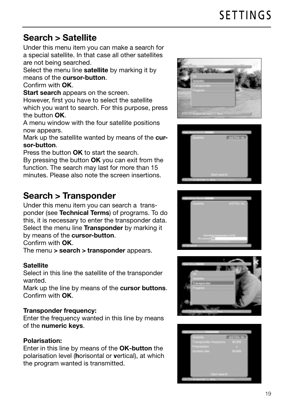 Search > satellite, Search > transponder | Triax DVB 63S User Manual | Page 19 / 40