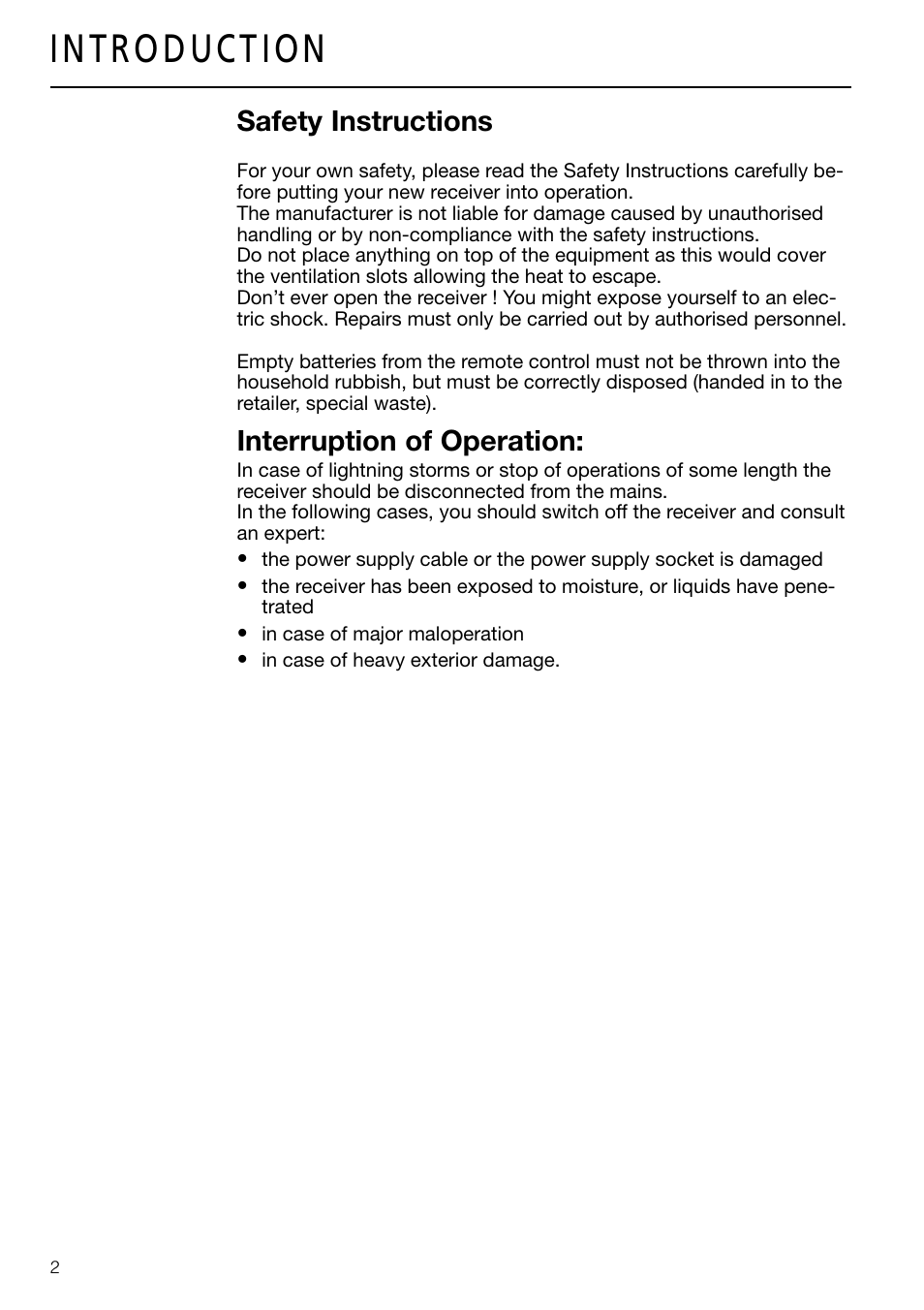 Safety instructions, Interruption of operation | Triax DVB 63S User Manual | Page 2 / 40