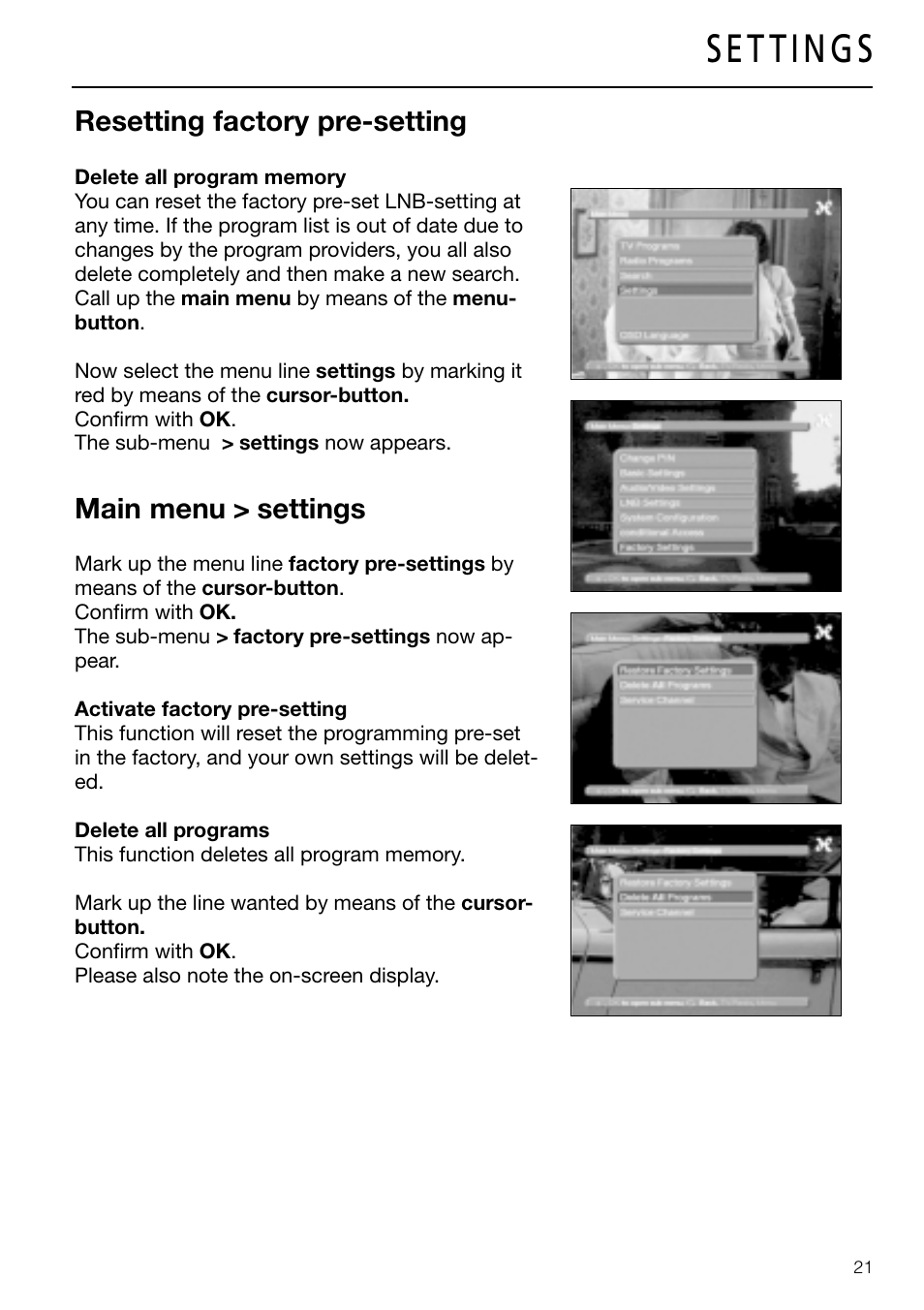 Resetting factory pre-setting, Main menu > settings | Triax DVB 63S User Manual | Page 21 / 40