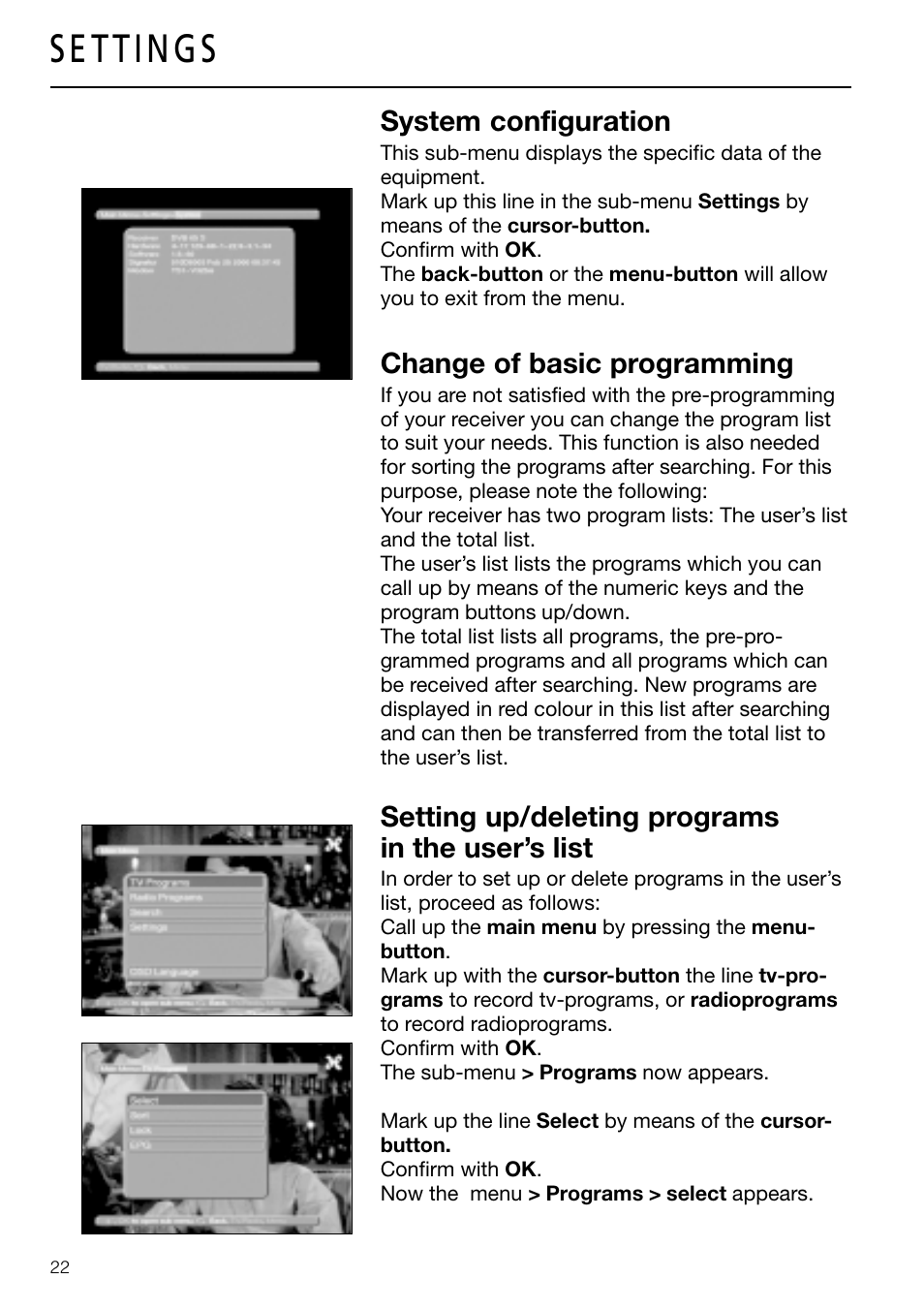 System configuration, Change of basic programming, Setting up/deleting programs in the user’s list | Triax DVB 63S User Manual | Page 22 / 40