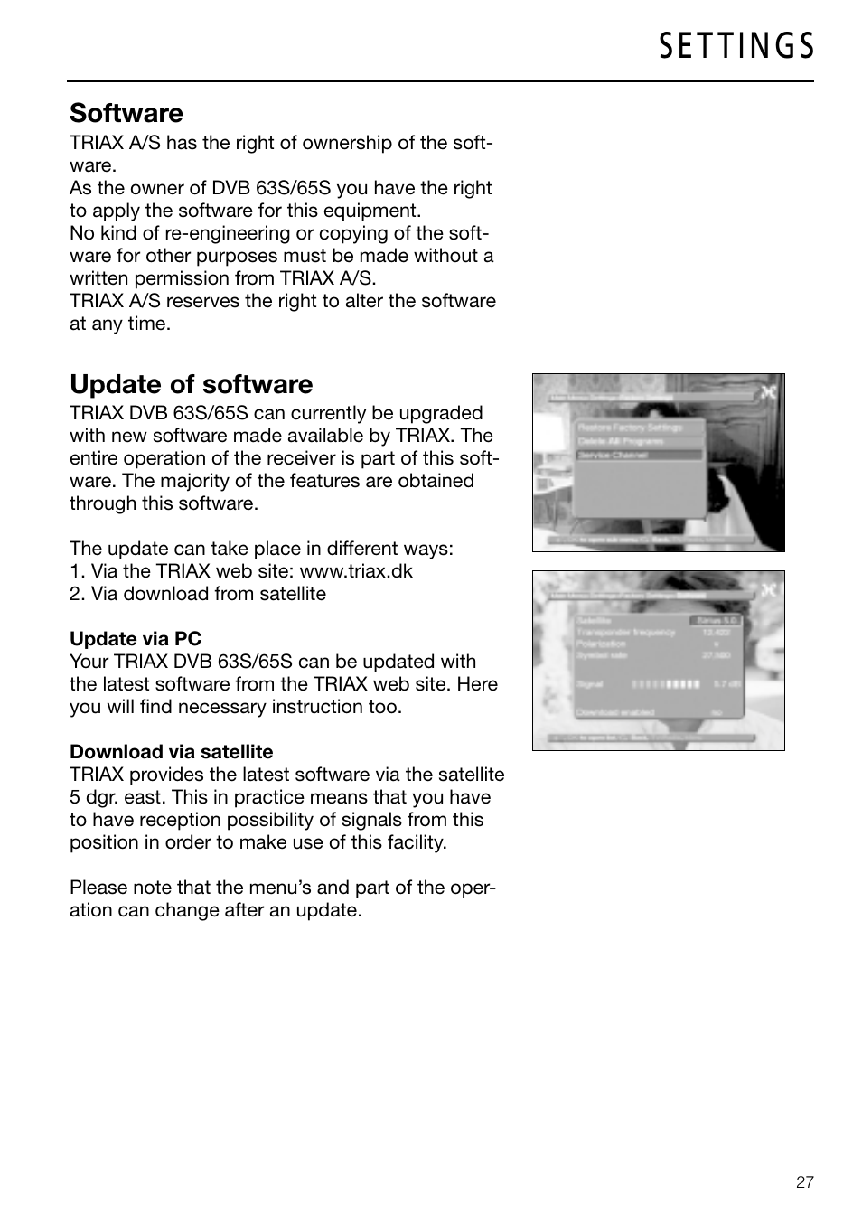 Software, Update of software | Triax DVB 63S User Manual | Page 27 / 40