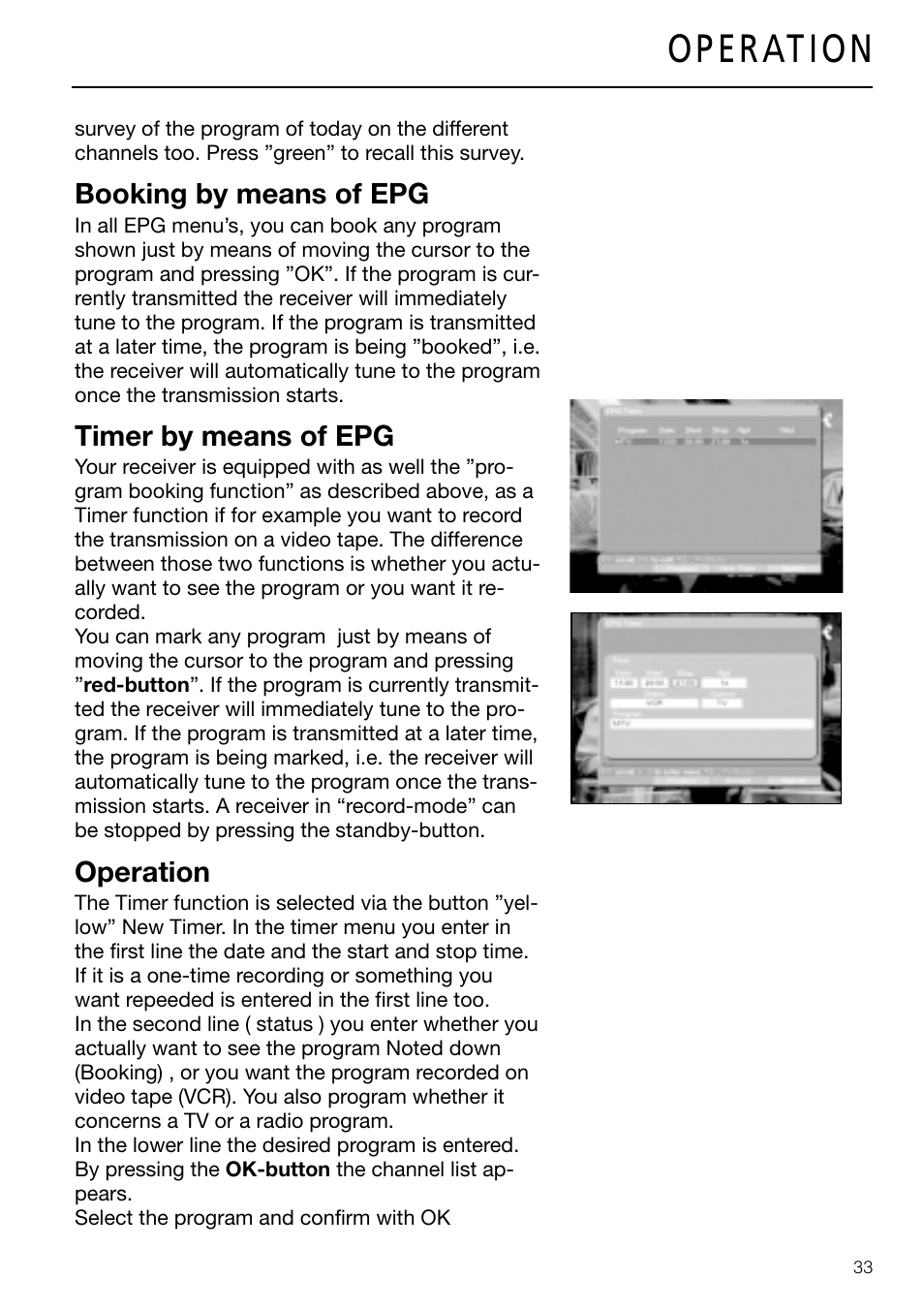 Booking by means of epg, Timer by means of epg, Operation | Triax DVB 63S User Manual | Page 33 / 40