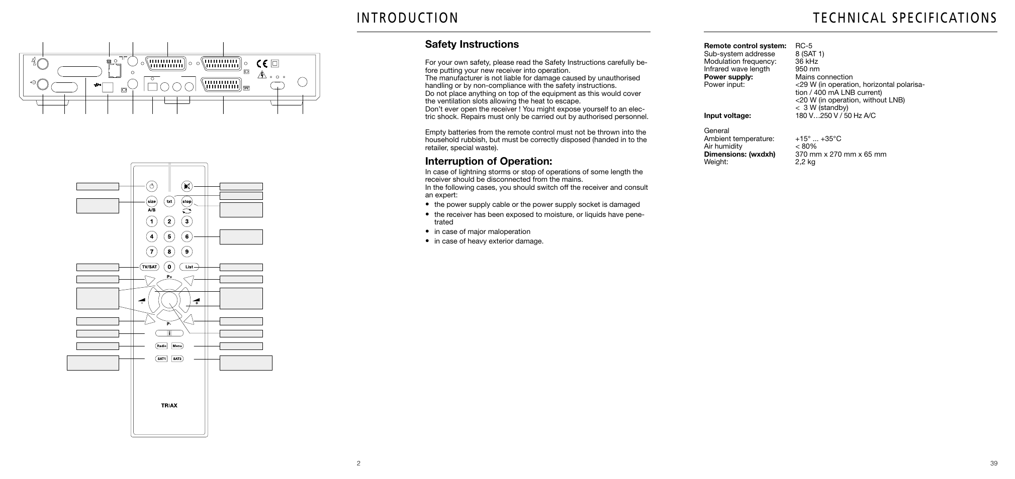 Safety instructions, Interruption of operation | Triax DVB 63S User Manual | Page 40 / 40