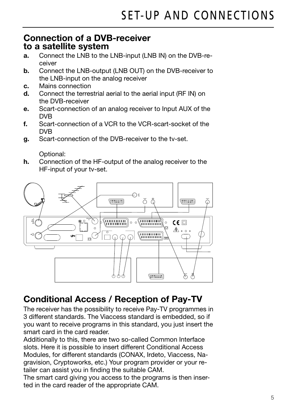 Connection of a dvb-receiver to a satellite system, Conditional access / reception of pay-tv, Analog receiver | Hi-fi system video | Triax DVB 63S User Manual | Page 5 / 40