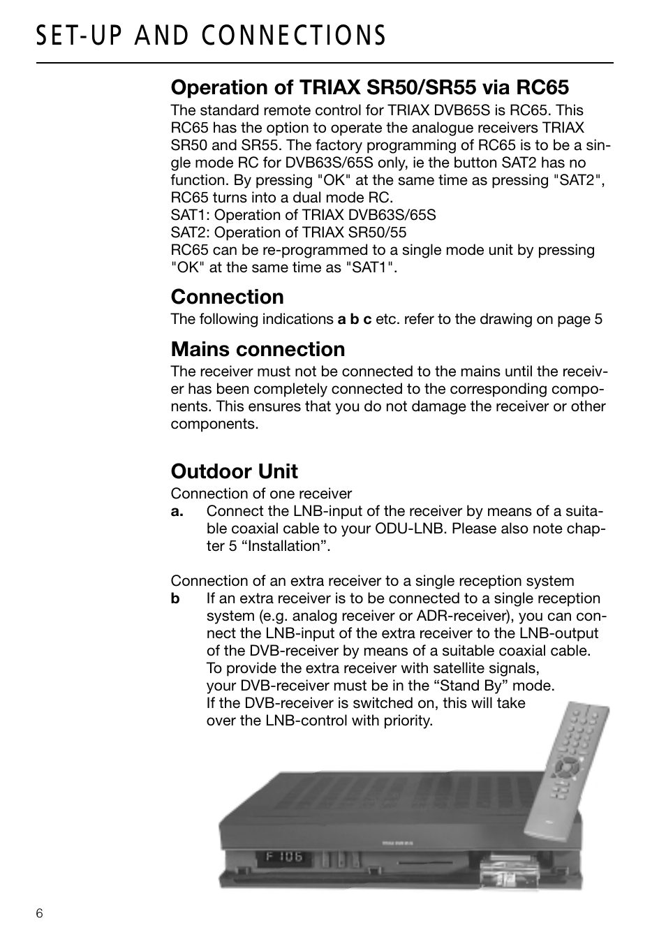 Connection, Mains connection, Outdoor unit | Triax DVB 63S User Manual | Page 6 / 40