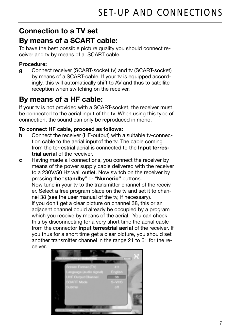 Connection to a tv set by means of a scart cable, By means of a hf cable | Triax DVB 63S User Manual | Page 7 / 40