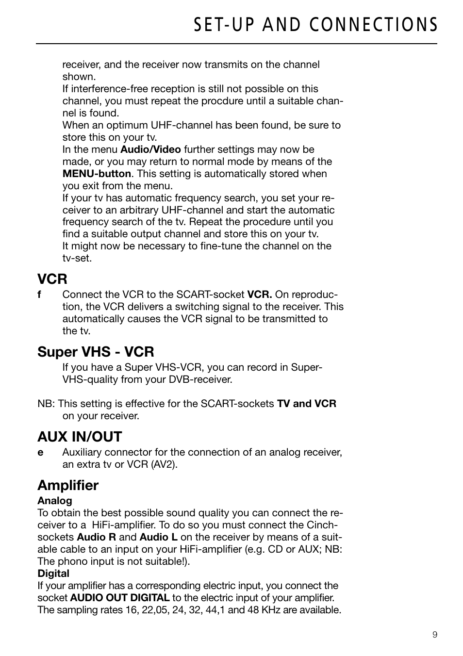 Super vhs - vcr, Aux in/out, Amplifier | Triax DVB 63S User Manual | Page 9 / 40