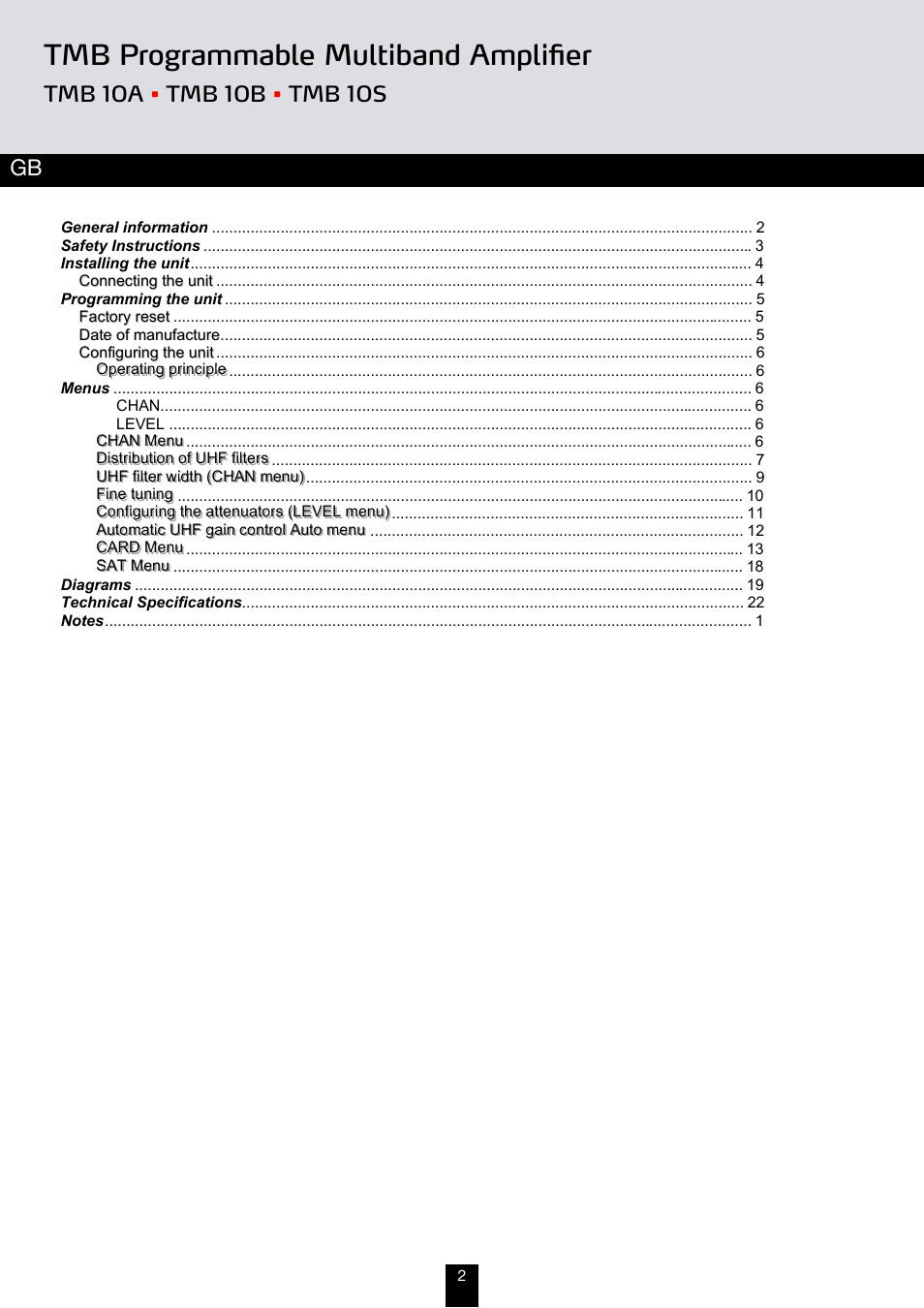 Tmb programmable multiband amplifier | Triax TMB 10A User Manual | Page 2 / 26