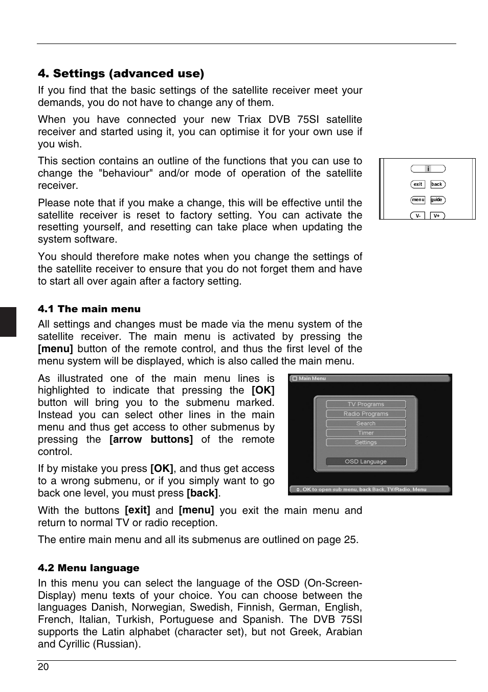 Triax dvb 75si, 6hwwlqjv dgydqfhgxvh | Triax DVB 75SI User Manual | Page 20 / 28
