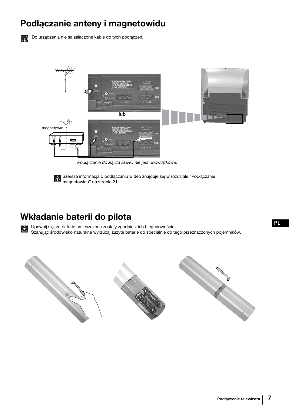 Podłączanie anteny i magnetowidu, Wkładanie baterii do pilota | Sony KP-44PX2 User Manual | Page 102 / 146