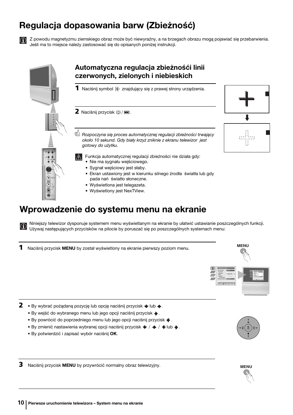 Regulacja dopasowania barw (zbieżność), Wprowadzenie do systemu menu na ekranie | Sony KP-44PX2 User Manual | Page 105 / 146