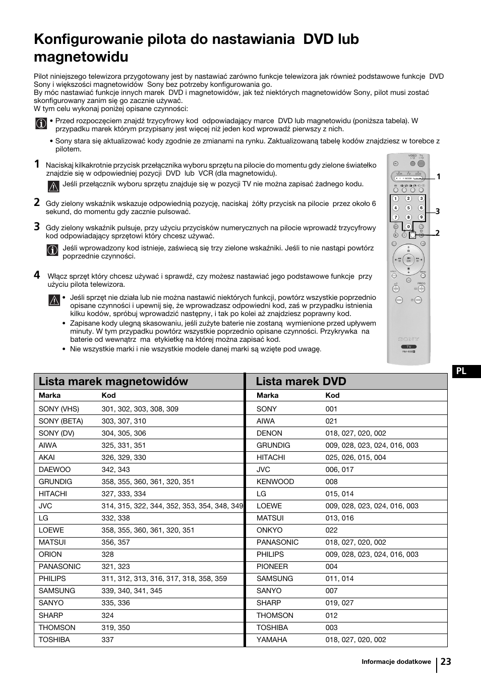 Lista marek magnetowidów lista marek dvd, 23 pl | Sony KP-44PX2 User Manual | Page 118 / 146