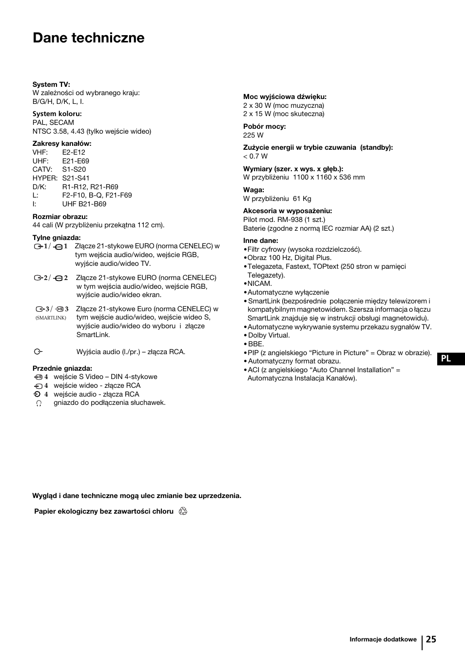 Dane techniczne, 25 pl | Sony KP-44PX2 User Manual | Page 120 / 146