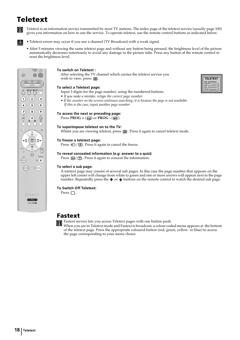 Teletext, Fastext | Sony KP-44PX2 User Manual | Page 17 / 146