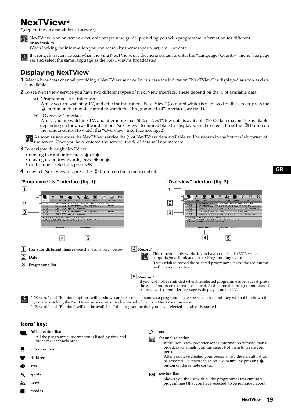 Nextview, Displaying nextview, 19 gb | Icons’ key: 1 | Sony KP-44PX2 User Manual | Page 18 / 146