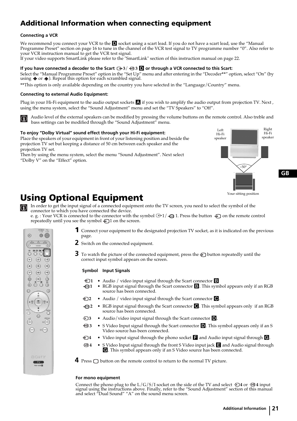 Using optional equipment, Additional information when connecting equipment, 21 gb | Sony KP-44PX2 User Manual | Page 20 / 146