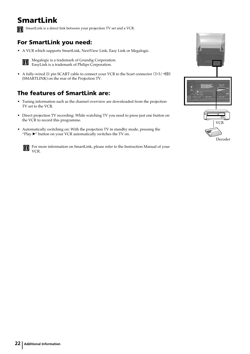 Smartlink, For smartlink you need, The features of smartlink are | Sony KP-44PX2 User Manual | Page 21 / 146