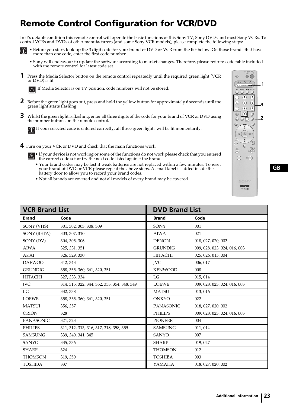 Remote control configuration for vcr/dvd, Vcr brand list dvd brand list, 23 gb | Sony KP-44PX2 User Manual | Page 22 / 146