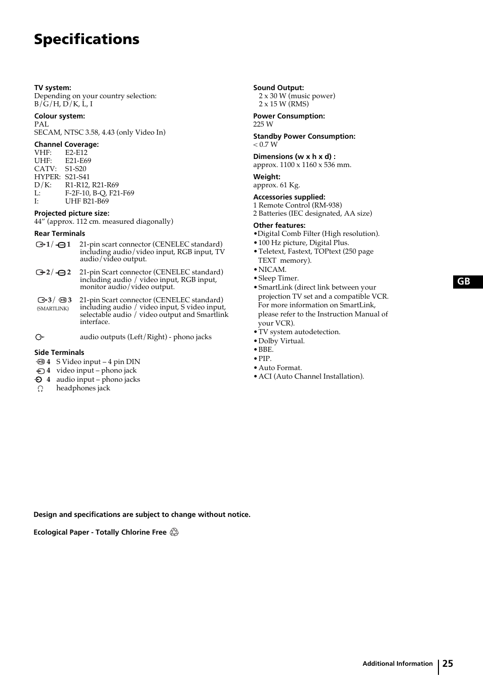 Specifications, 25 gb | Sony KP-44PX2 User Manual | Page 24 / 146