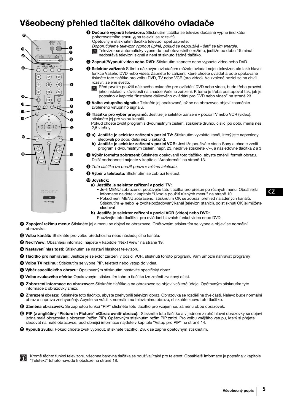 Checking the accessories supplied, Všeobecný přehled tlačítek dálkového ovladače, Cz 5 | Sony KP-44PX2 User Manual | Page 52 / 146