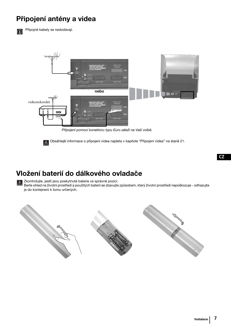 Připojení antény a videa, Vložení baterií do dálkového ovladače, Cz 7 | Sony KP-44PX2 User Manual | Page 54 / 146