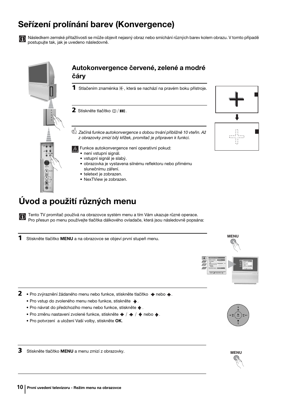 Seřízení prolínání barev (konvergence), Úvod a použití různých menu, Autokonvergence červené, zelené a modré čáry 1 | Sony KP-44PX2 User Manual | Page 57 / 146