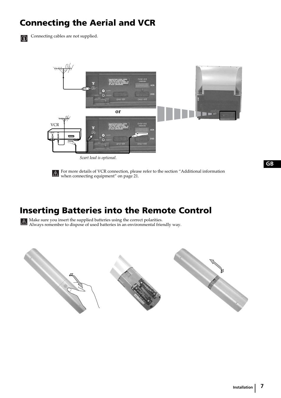 Connecting the aerial and vcr, Inserting batteries into the remote control | Sony KP-44PX2 User Manual | Page 6 / 146