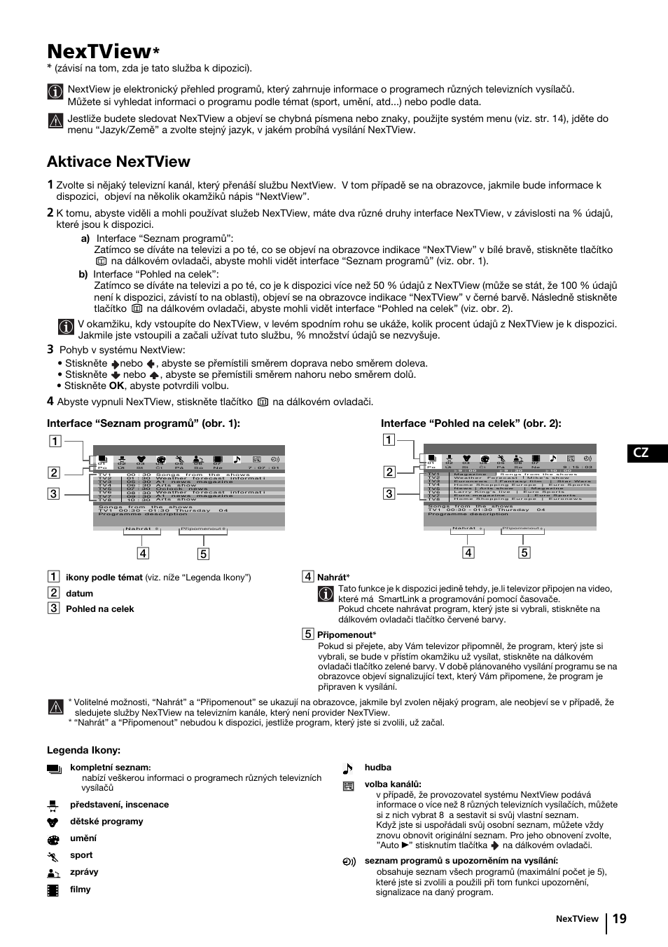 Nextview, Aktivace nextview, Cz 19 | Sony KP-44PX2 User Manual | Page 66 / 146