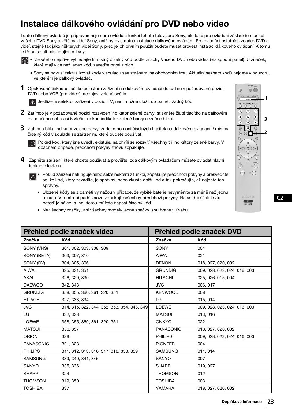 Instalace dálkového ovládání pro dvd nebo video, Cz 23 | Sony KP-44PX2 User Manual | Page 70 / 146