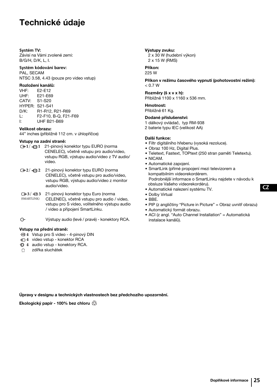 Technické údaje, Cz 25 | Sony KP-44PX2 User Manual | Page 72 / 146