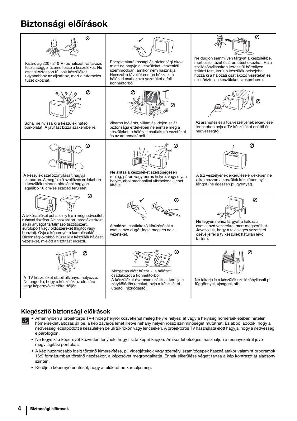 Biztonsági előírások, Kiegészítő biztonsági előírások | Sony KP-44PX2 User Manual | Page 75 / 146