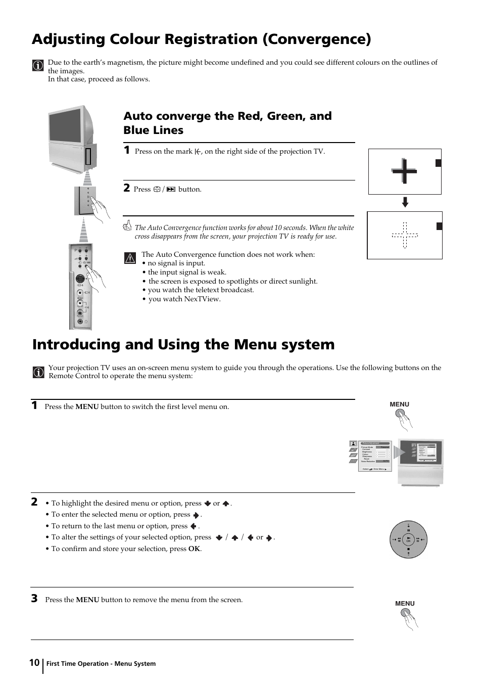 Adjusting colour registration (convergence), Introducing and using the menu system, Auto converge the red, green, and blue lines 1 | Sony KP-44PX2 User Manual | Page 9 / 146