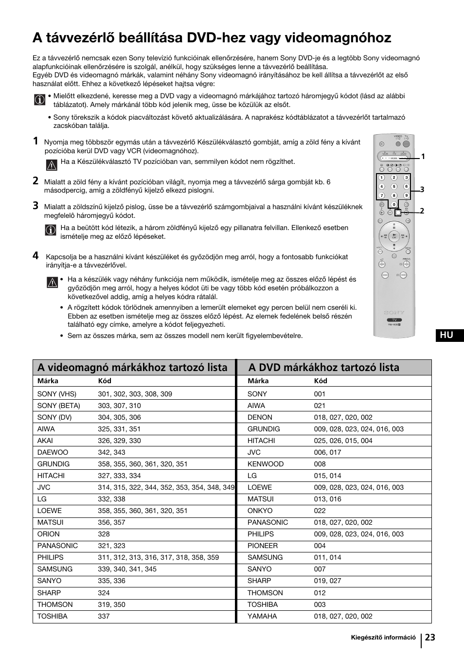 A távvezérlő beállítása dvd-hez vagy videomagnóhoz, 23 hu | Sony KP-44PX2 User Manual | Page 94 / 146